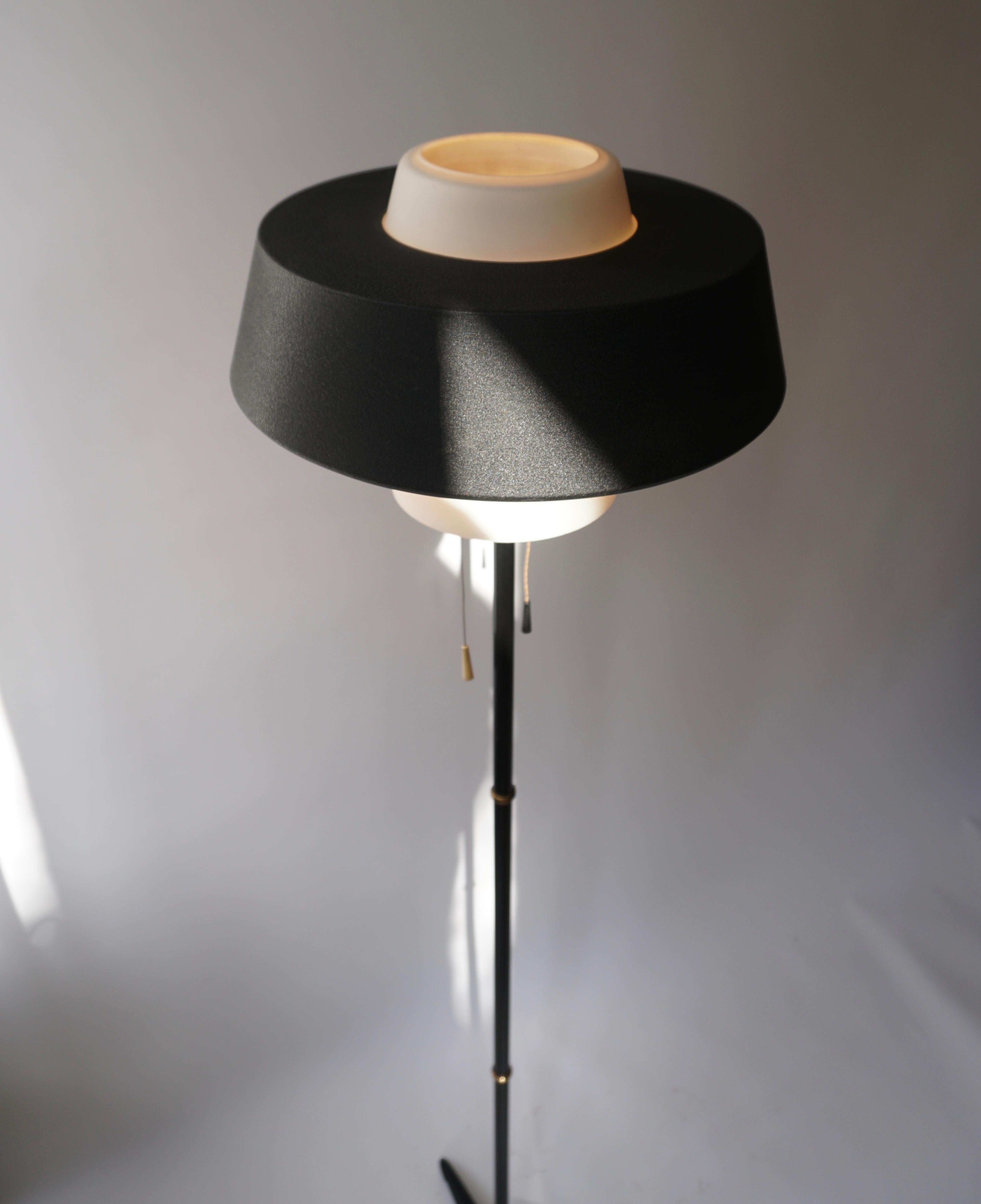 Rare Black Metal and Opaline Floor Lamp by Louis Kalff, The Netherlands 1950s For Sale 6