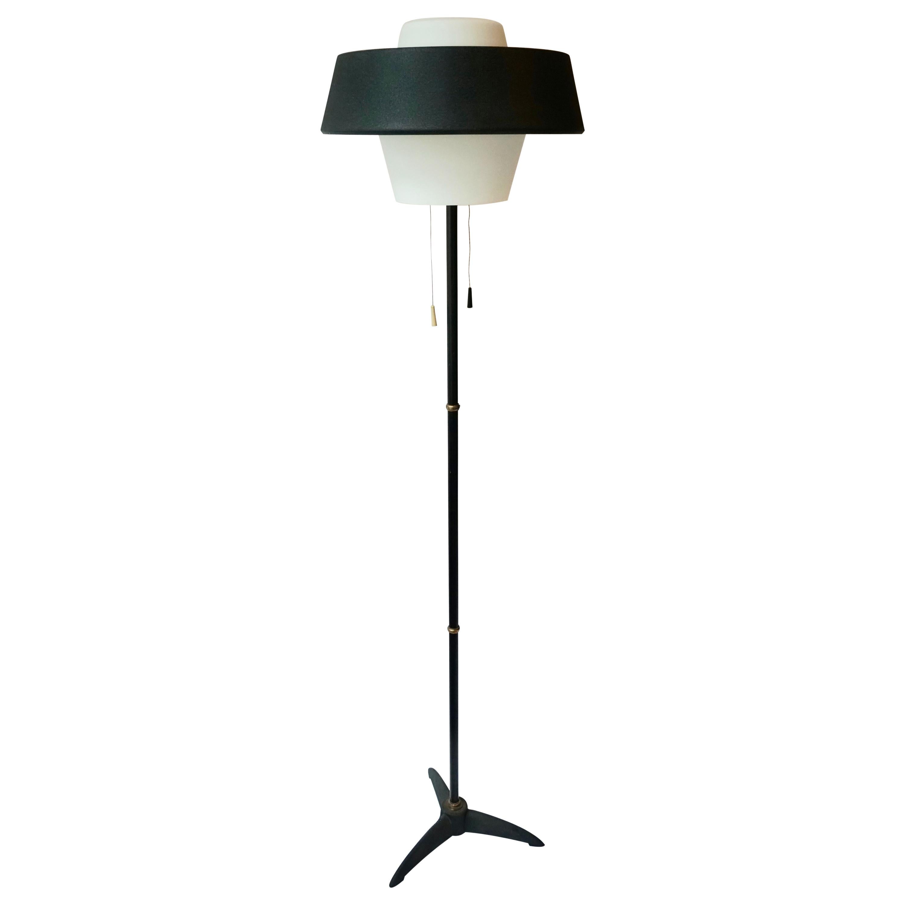 Rare Black Metal and Opaline Floor Lamp by Louis Kalff, The Netherlands 1950s For Sale