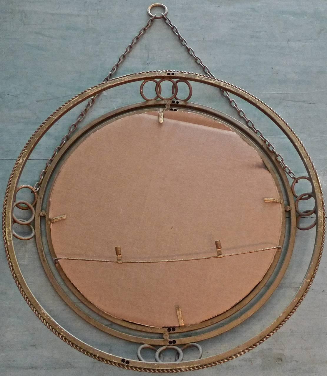 French 1950s Painted Round Metal Frame and Mirror with Hanging Chain 5