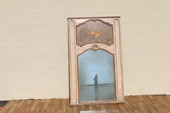 French 1950s Painted Trumeau Wall Mirror With Floral & Instrument Motif  Carved