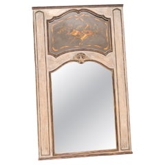 French 1950s Painted Trumeau Wall Mirror With Floral & Instrument Motif  Carved