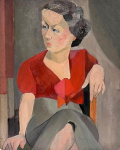Mid 20th Century French Cubist Portrait Lady in Red Blouse Seated Oil Painting