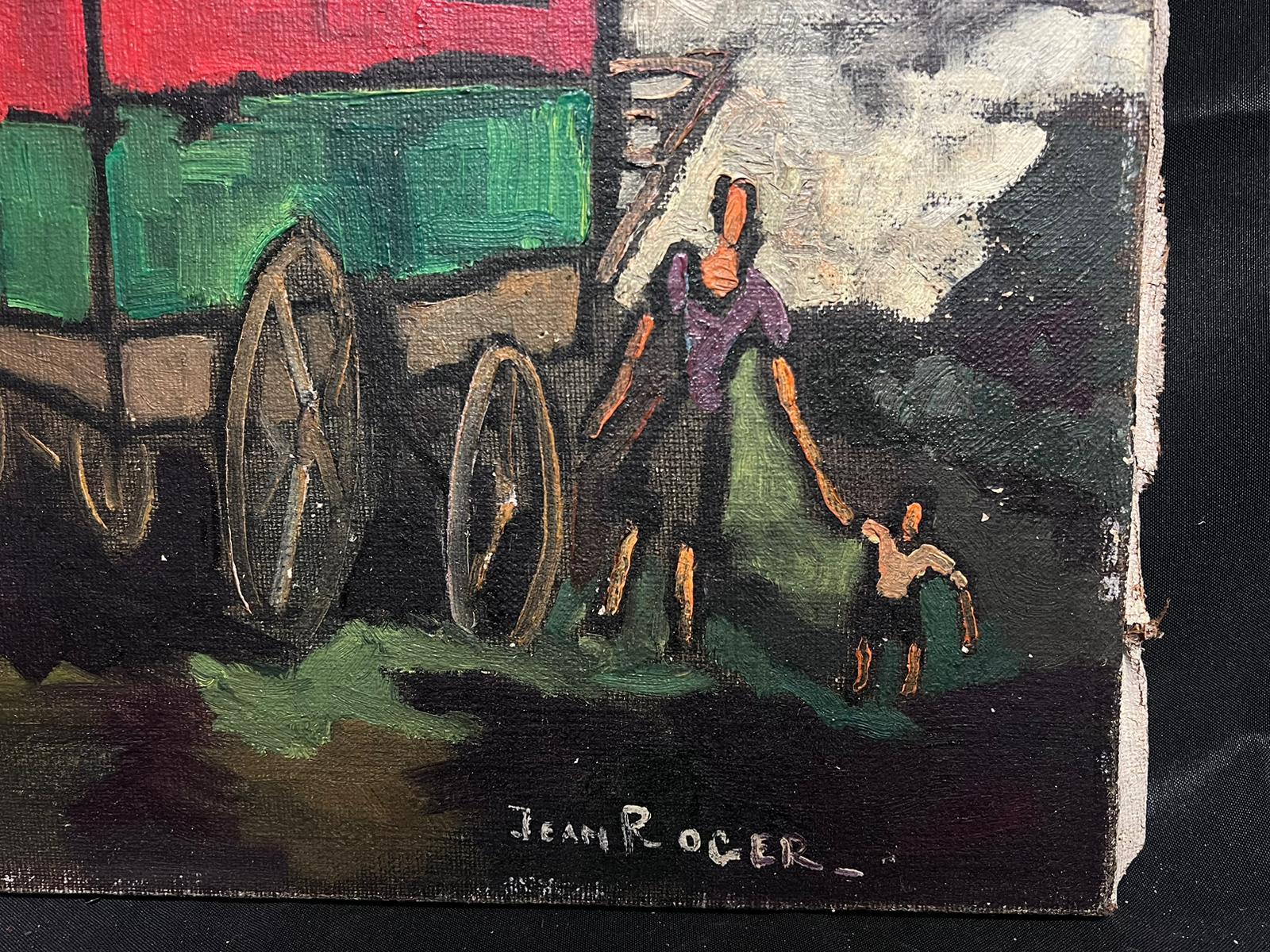 Mid 20th Century French Signed Oil Painting Figures outside Travelling Caravan - Gray Figurative Painting by French 1950's