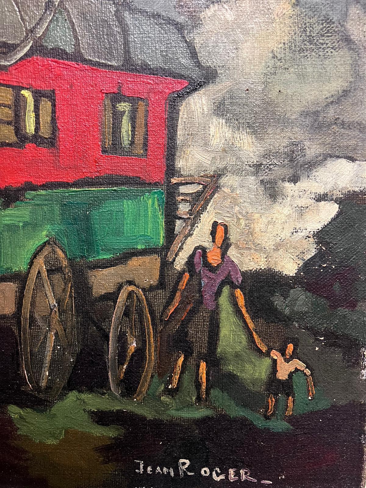 Mid 20th Century French Signed Oil Painting Figures outside Travelling Caravan 1