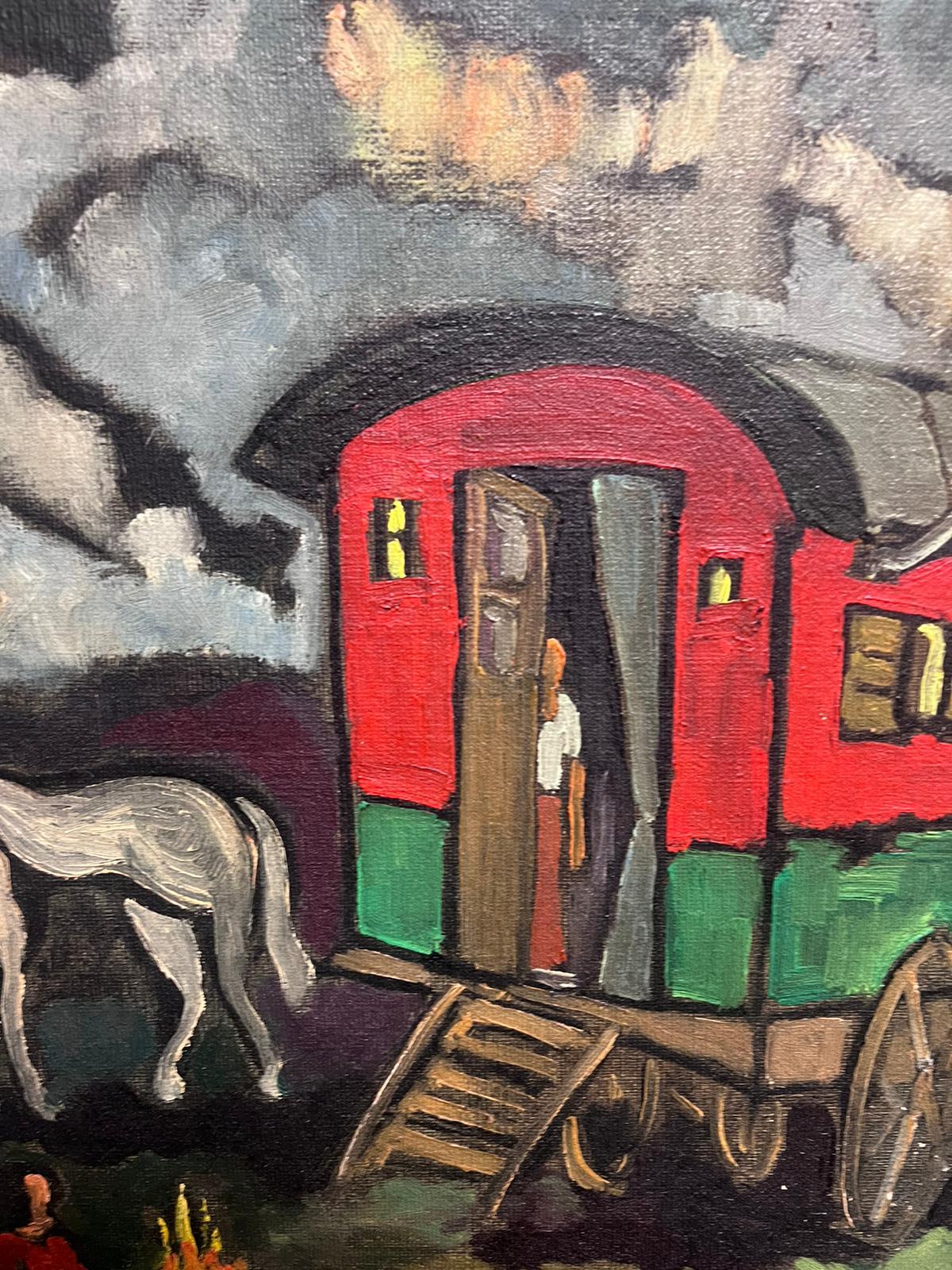 Mid 20th Century French Signed Oil Painting Figures outside Travelling Caravan 2