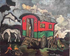 Retro Mid 20th Century French Signed Oil Painting Figures outside Travelling Caravan