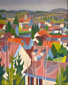 Mid Century French Cubist Oil Painting Red Roof Tops Town Signed Large Canvas