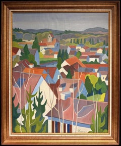Mid Century French Cubist Oil Painting Red Roof Tops Town Signed Large Canvas
