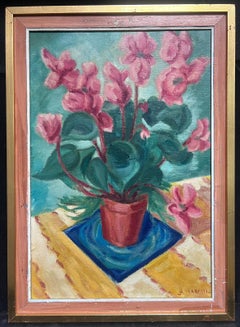 Huile signée du milieu du siècle dernier Fleurs de cyclamen dans un pot Nature morte d'intérieur