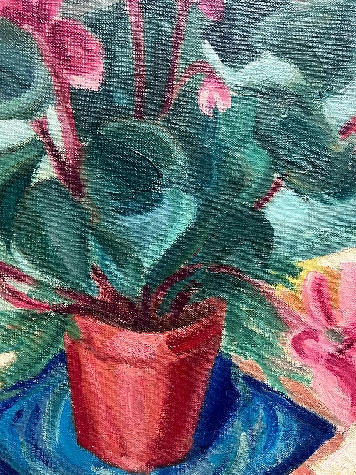 Mid Century French Signed Oil Cyclamen Flowers in Pot Interiors Still Life - Gray Still-Life Painting by French 1950's