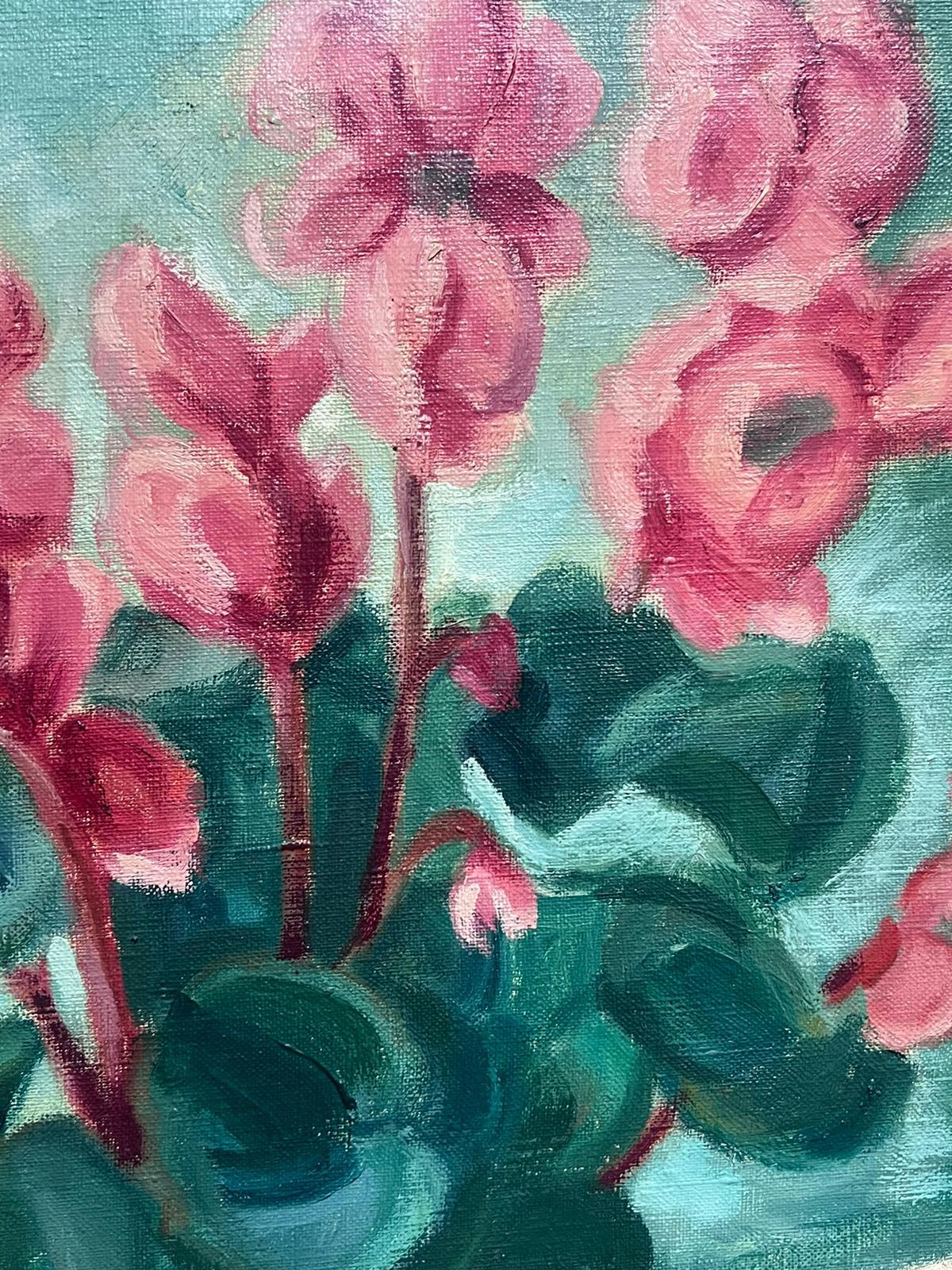 Mid Century French Signed Oil Cyclamen Flowers in Pot Interiors Still Life For Sale 2