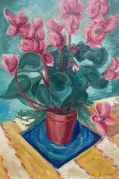 Huile signée du milieu du siècle dernier Fleurs de cyclamen dans un pot Nature morte d'intérieur