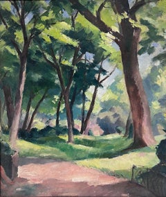 Soft Green Pastel Shades of Color 1950's French Oil Painting Parkland Garden