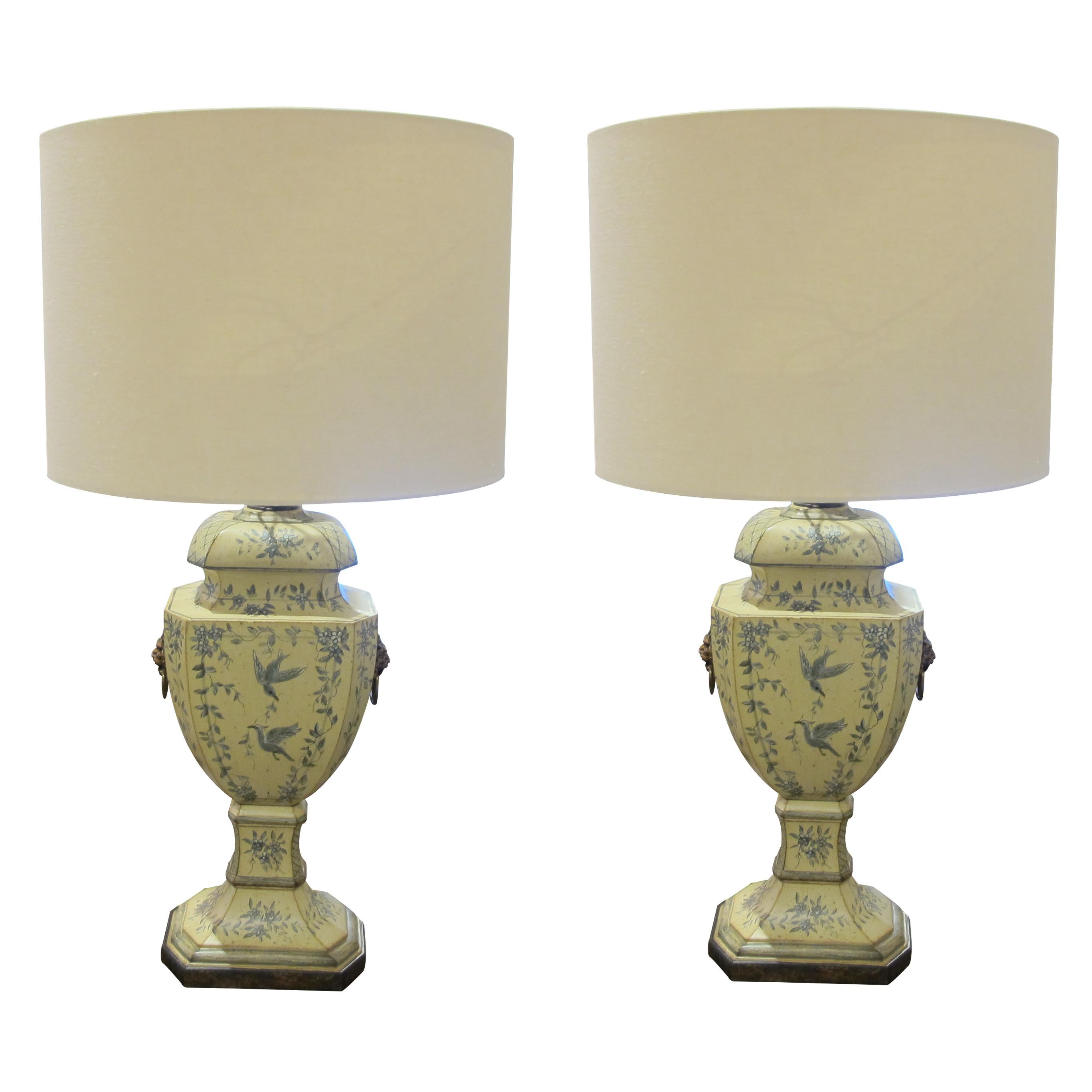 French 1950s Pair of Hand-painted Toleware Table Lamps