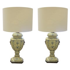 French 1950s Pair of Hand-painted Toleware Table Lamps