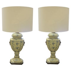 French 1950s Pair of Hand-painted Toleware Table Lamps