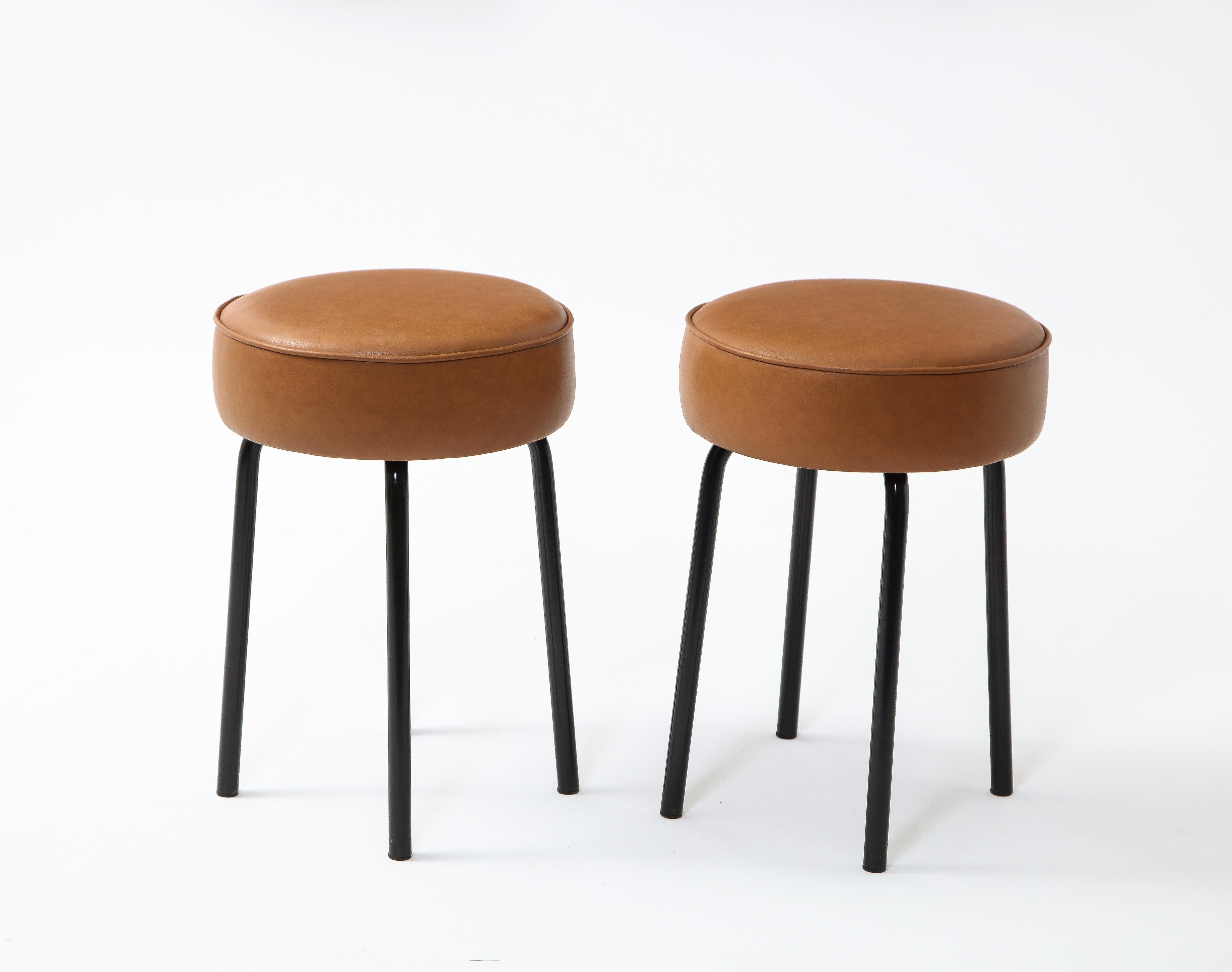 Enameled French 1950s Pair of Industrial Leather Stools on Metal Bases