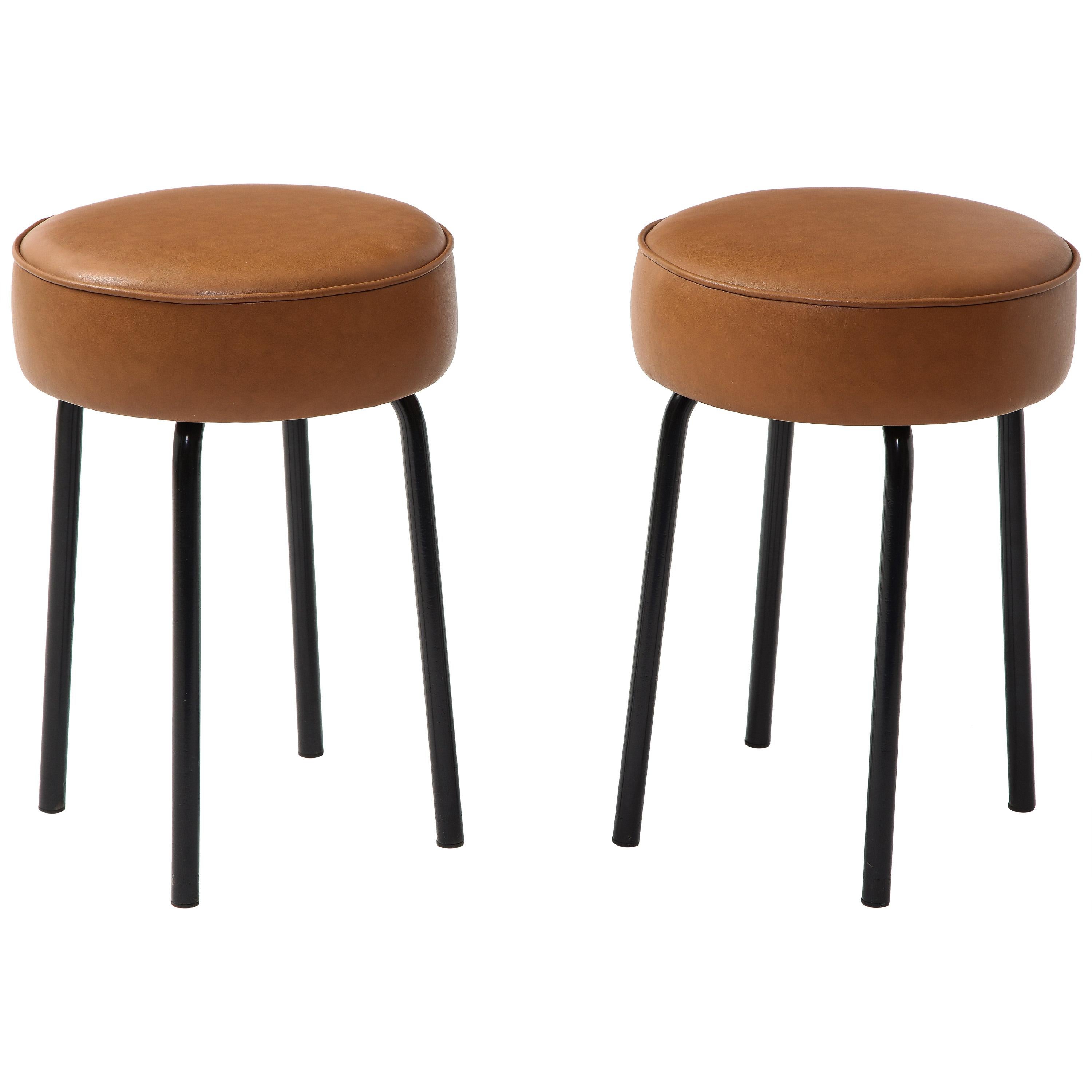 French 1950s Pair of Industrial Leather Stools on Metal Bases