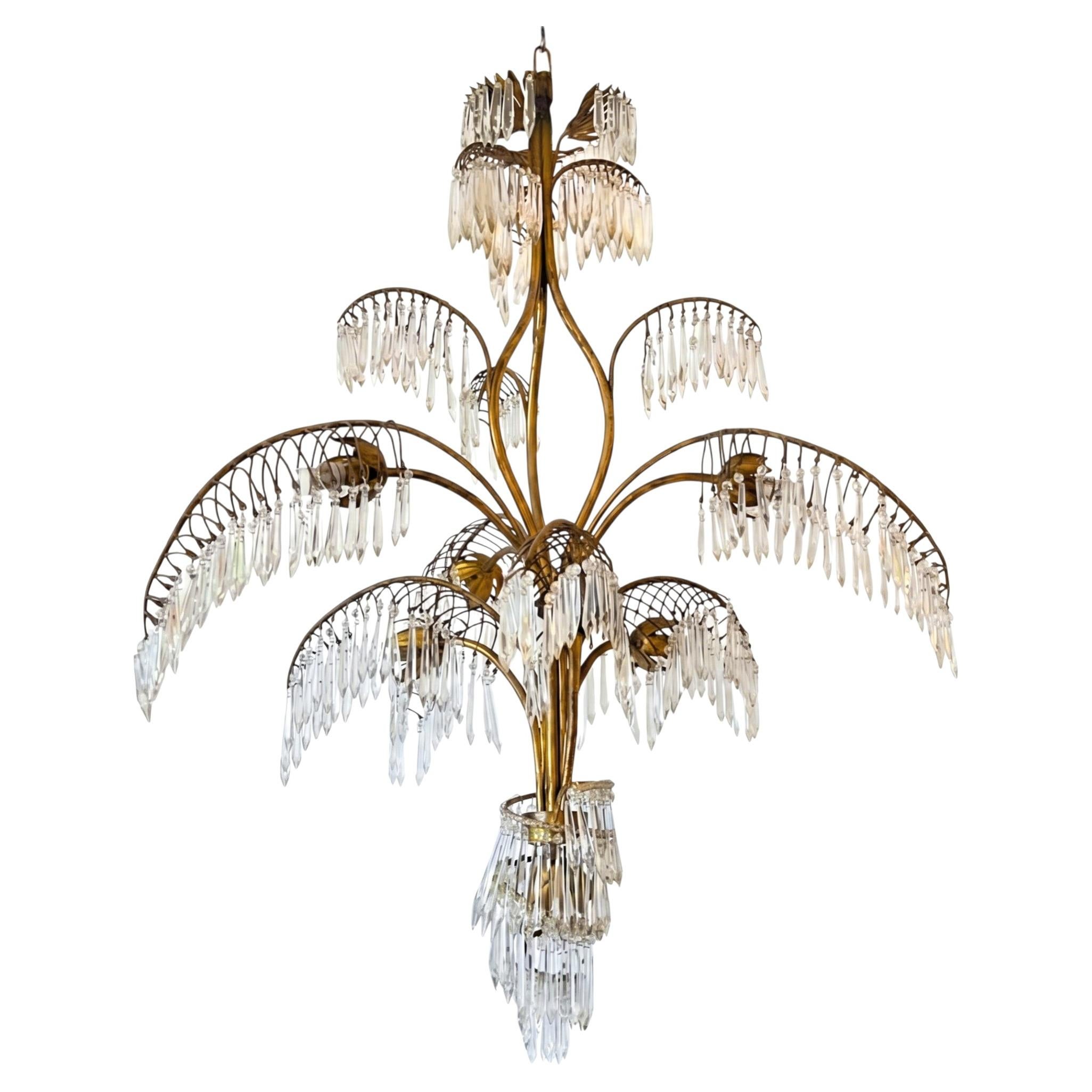 French 1950s Palm Chandelier, Brass and Glass with Seven Lights