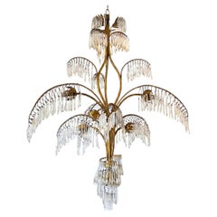 French 1950s Palm Chandelier, Brass and Glass with Seven Lights