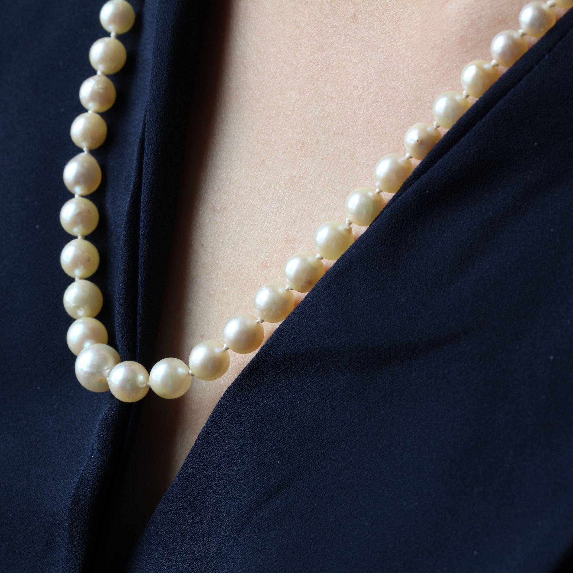 French Cut French 1950s Pearly Cream Cultured Pearl Falling Necklace For Sale