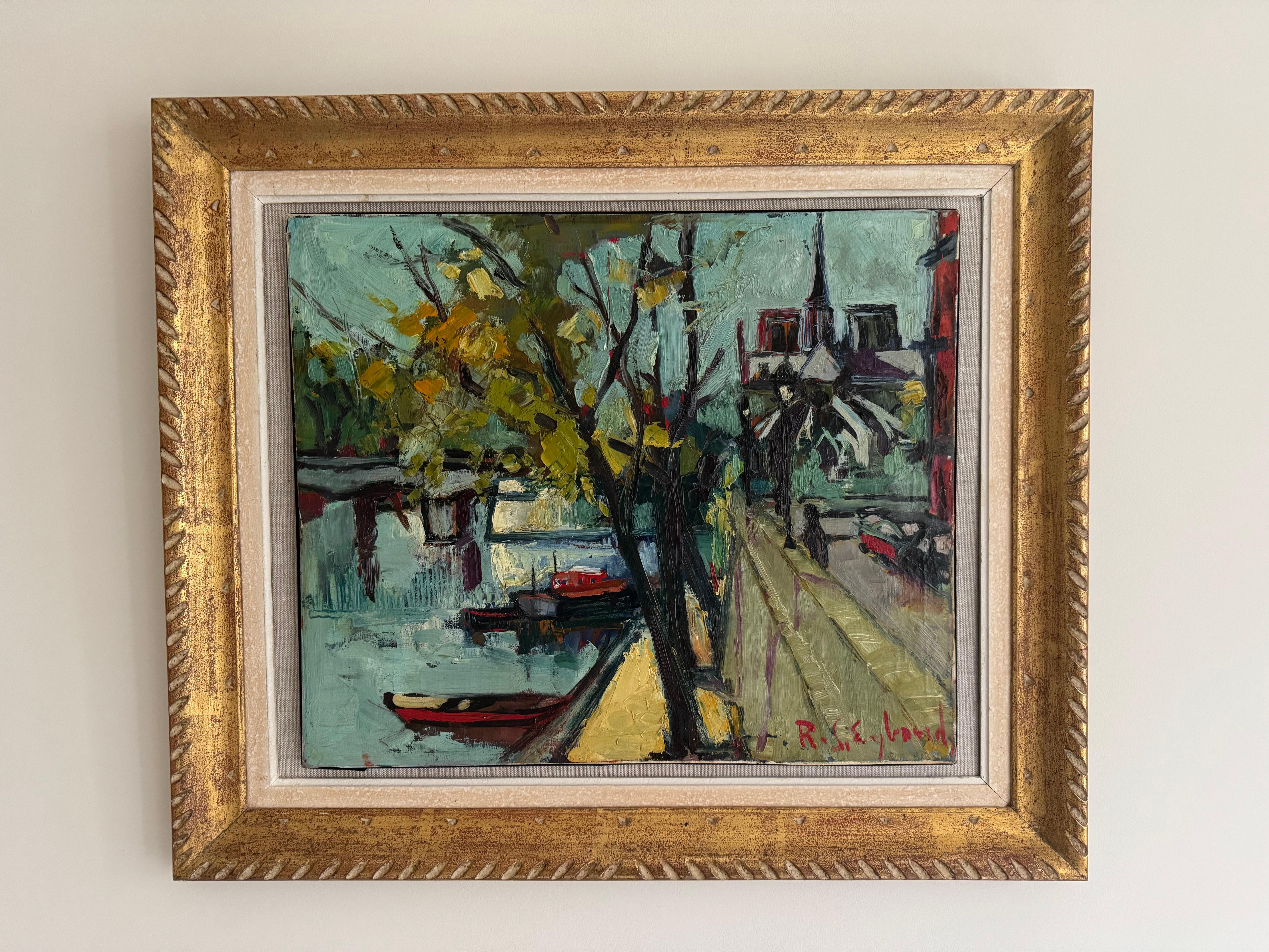 Une belle peinture à l'huile post-impressionniste représentant la Seine à Paris avec Notre Dame en arrière-plan. Signé de façon indistincte. Cadre doré. Français c.I.C..