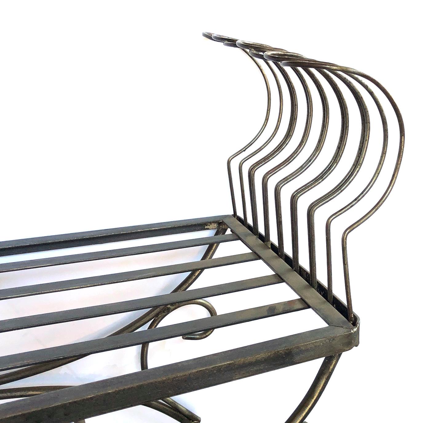 Hand-Crafted French 1950s Raw Iron Curule-Form Bench with Incurved Arms For Sale