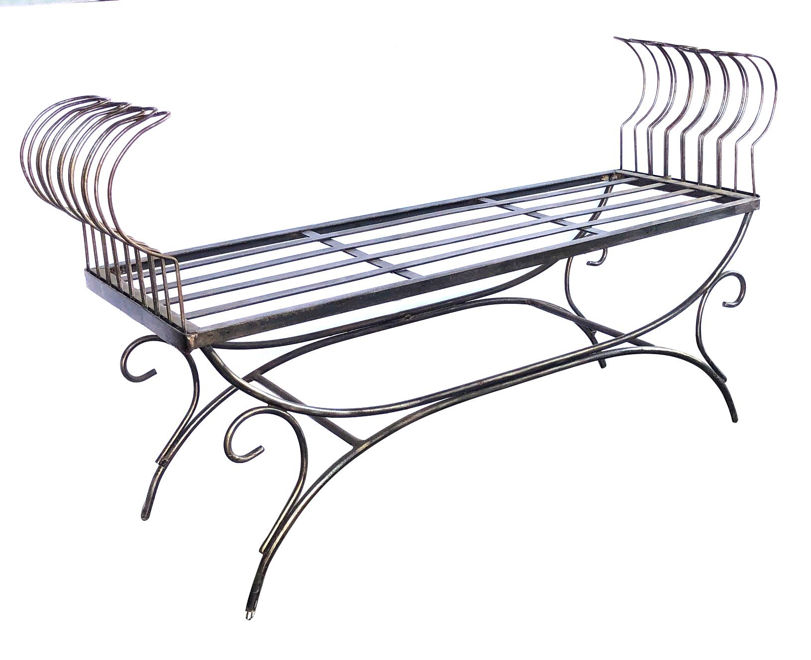 Mid-20th Century French 1950s Raw Iron Curule-Form Bench with Incurved Arms For Sale