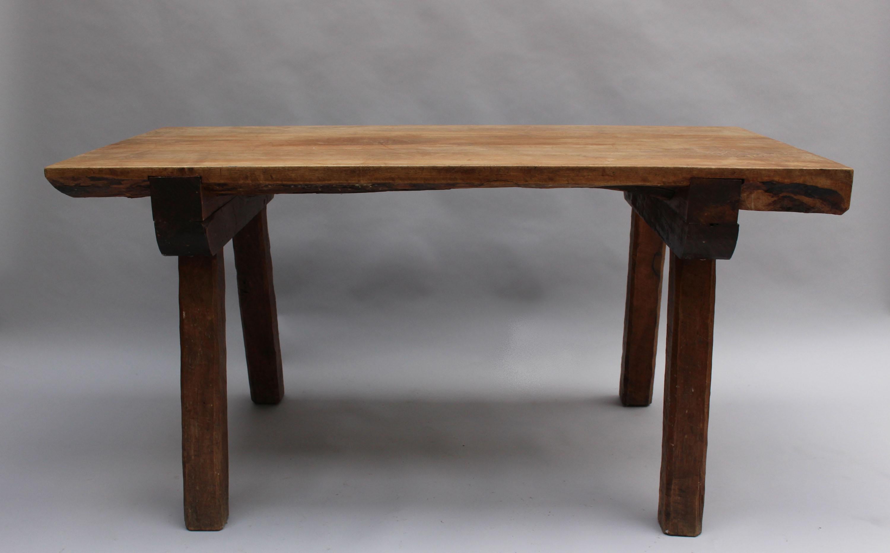 French 1950s Rectangular Solid Walnut Table and Two Matching Benches For Sale 8