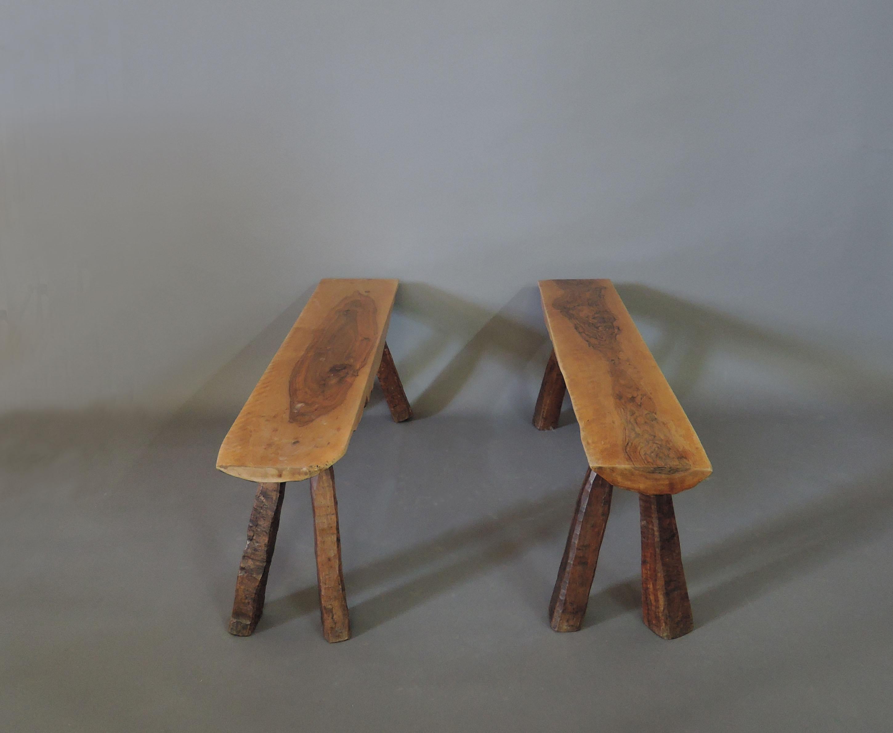 French 1950s Rectangular Solid Walnut Table and Two Matching Benches In Good Condition For Sale In Long Island City, NY