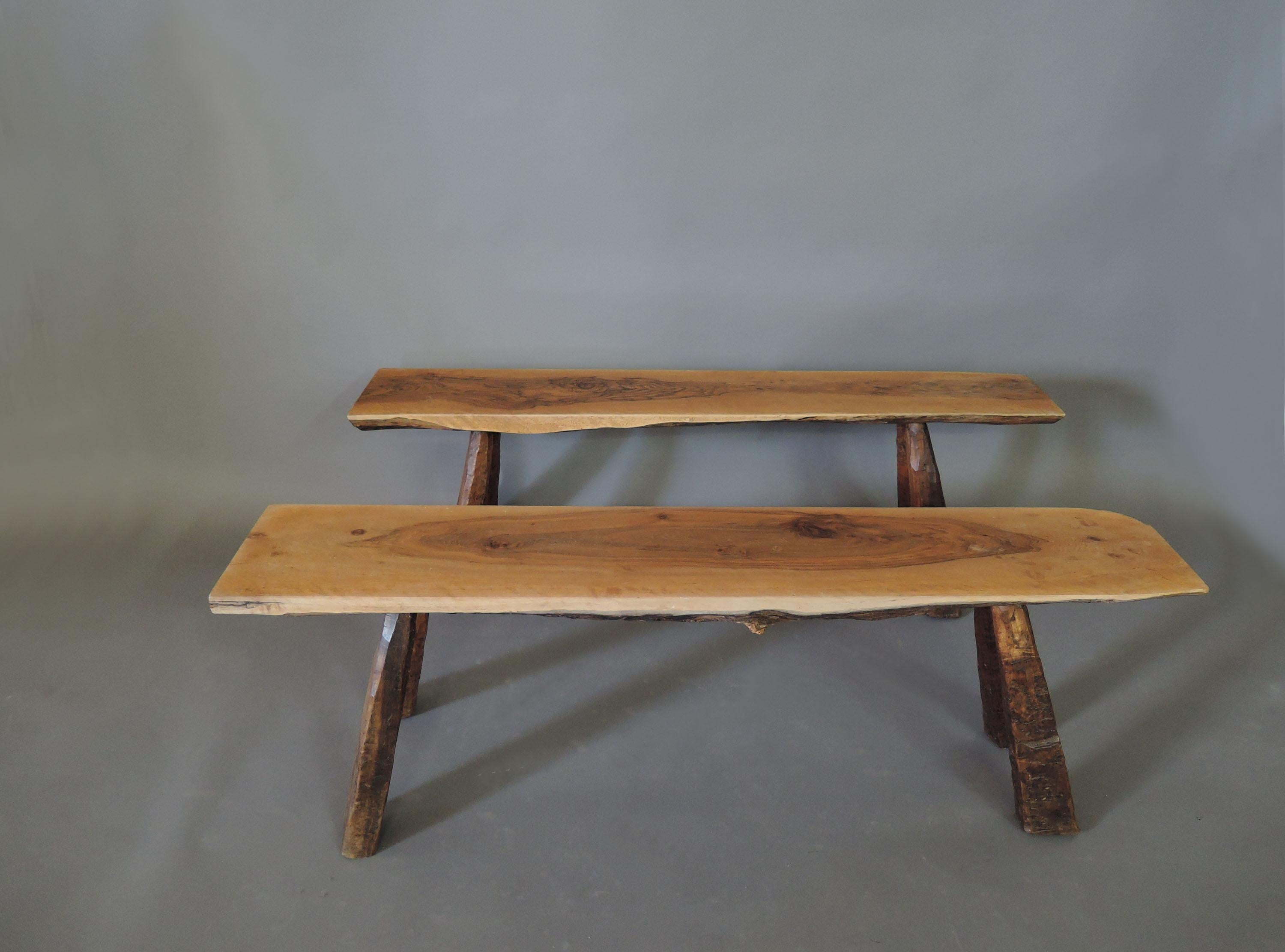 French 1950s Rectangular Solid Walnut Table and Two Matching Benches For Sale 1