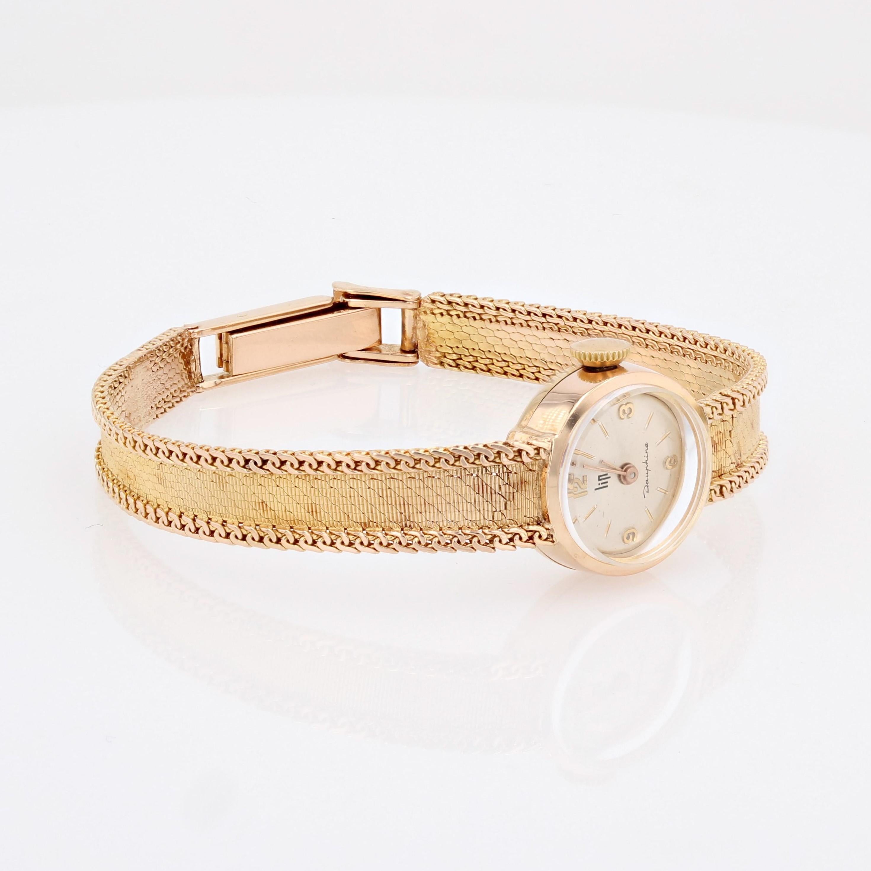 Französische Retro 18 Karat Gelbgold Damen-Dauphine-Uhr mit Lippenstift, 1950er Jahre 2