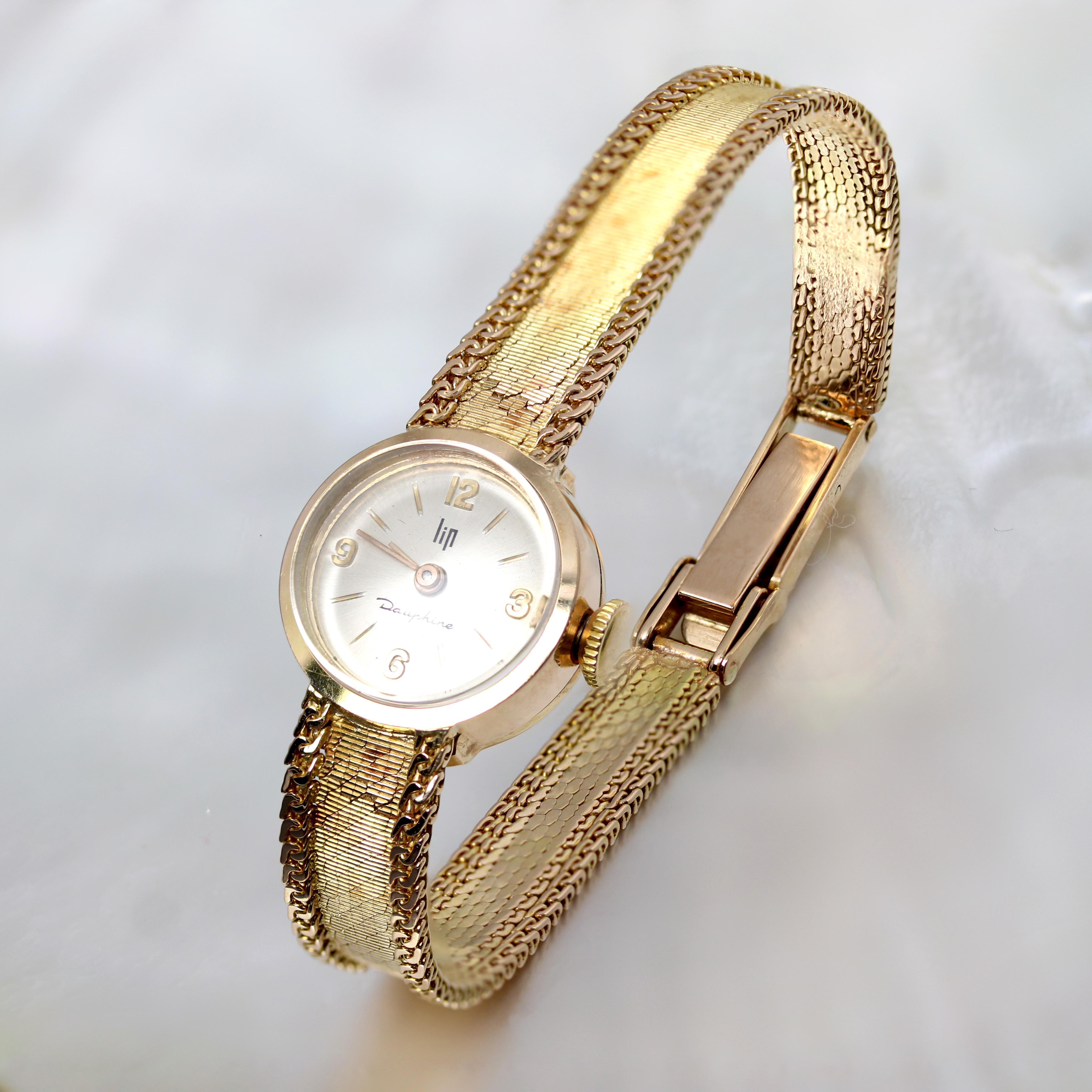 Französische Retro 18 Karat Gelbgold Damen-Dauphine-Uhr mit Lippenstift, 1950er Jahre 5
