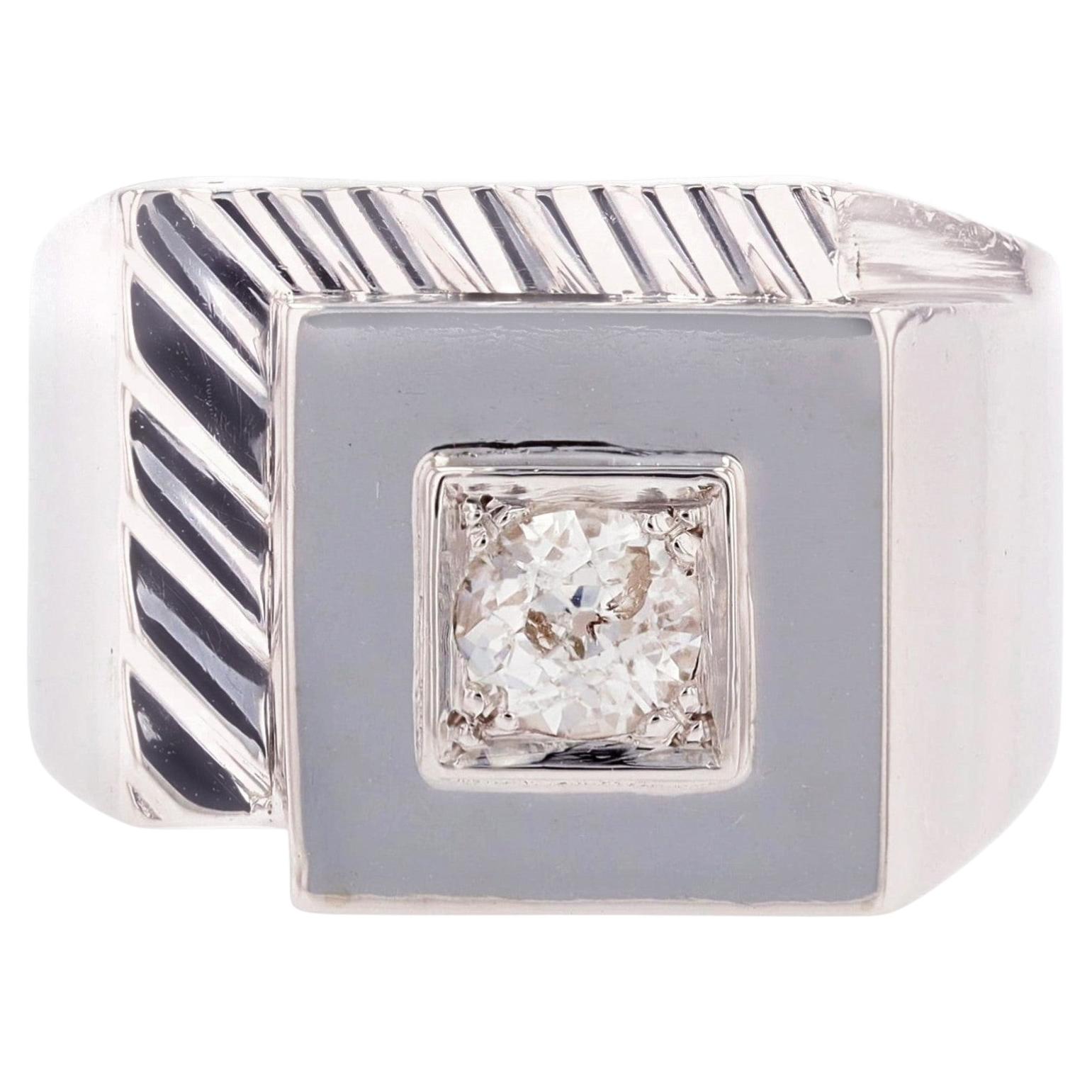 French 1950s Retro Diamond Platinum Signet Ring For Sale