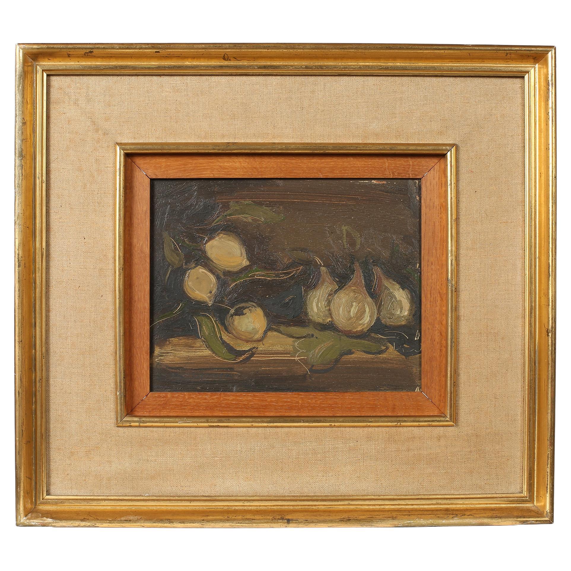 French 1950s Roger Bert Still Life Oil on Board Painting with Pears