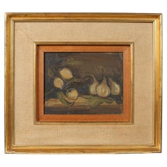 French 1950s Roger Bert Still Life Oil on Board Painting with Pears