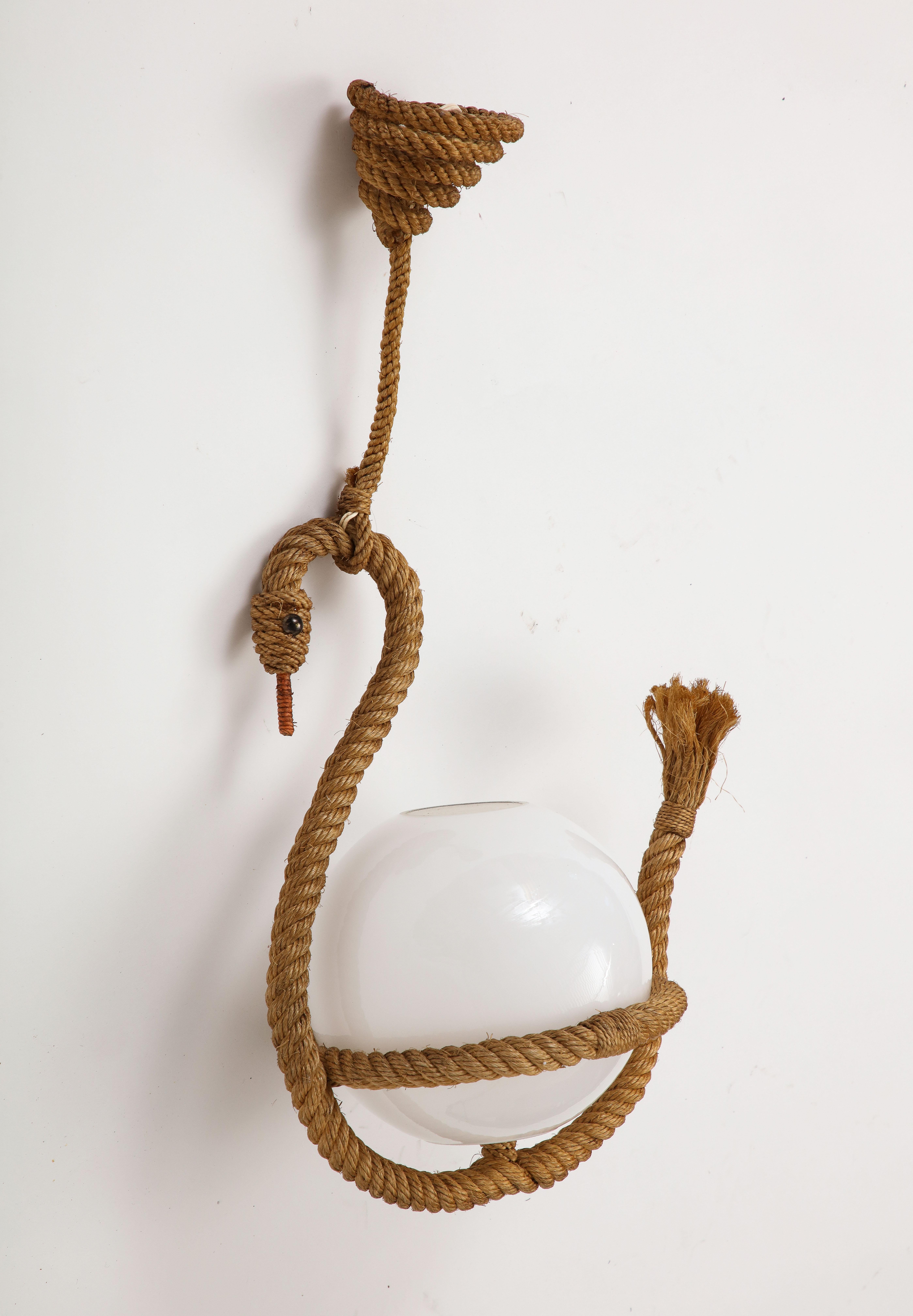Mid-20th Century French 1950s Rope Pendant Light with Goose Motif For Sale
