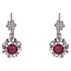 French 1950s Rubies Diamonds 18 Karat White Gold Lever-Back Earrings