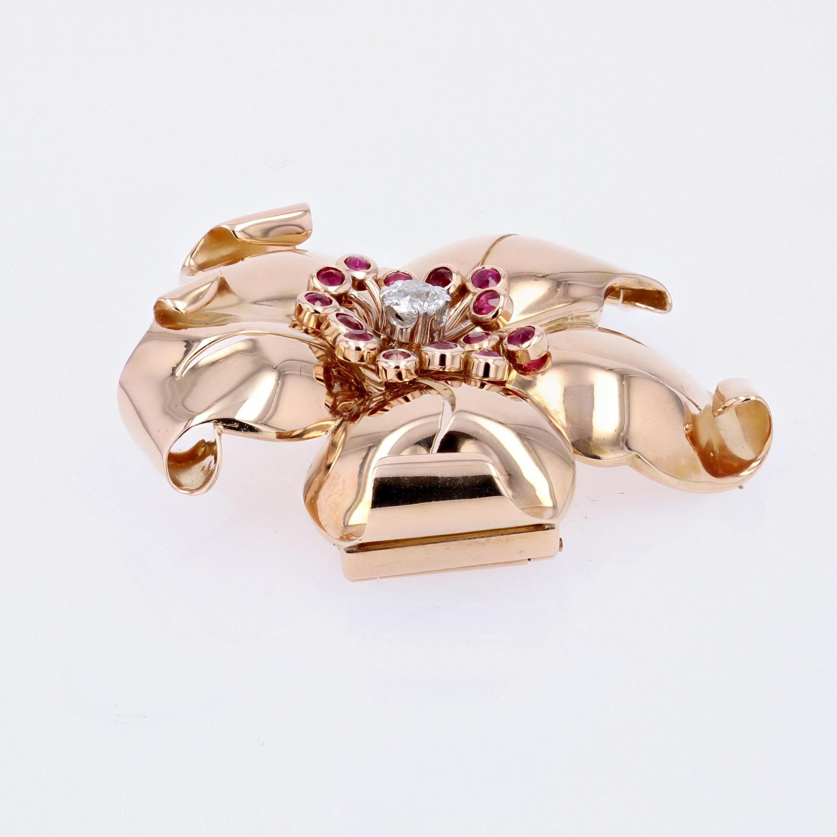 Broche à clip rétro en or rose 18 carats, rubis et diamant des années 1950 Bon état - En vente à Poitiers, FR