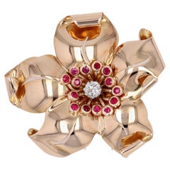 French 1950s Ruby Diamond 18 Karat Rose Gold Flower Retro Clip Brooch