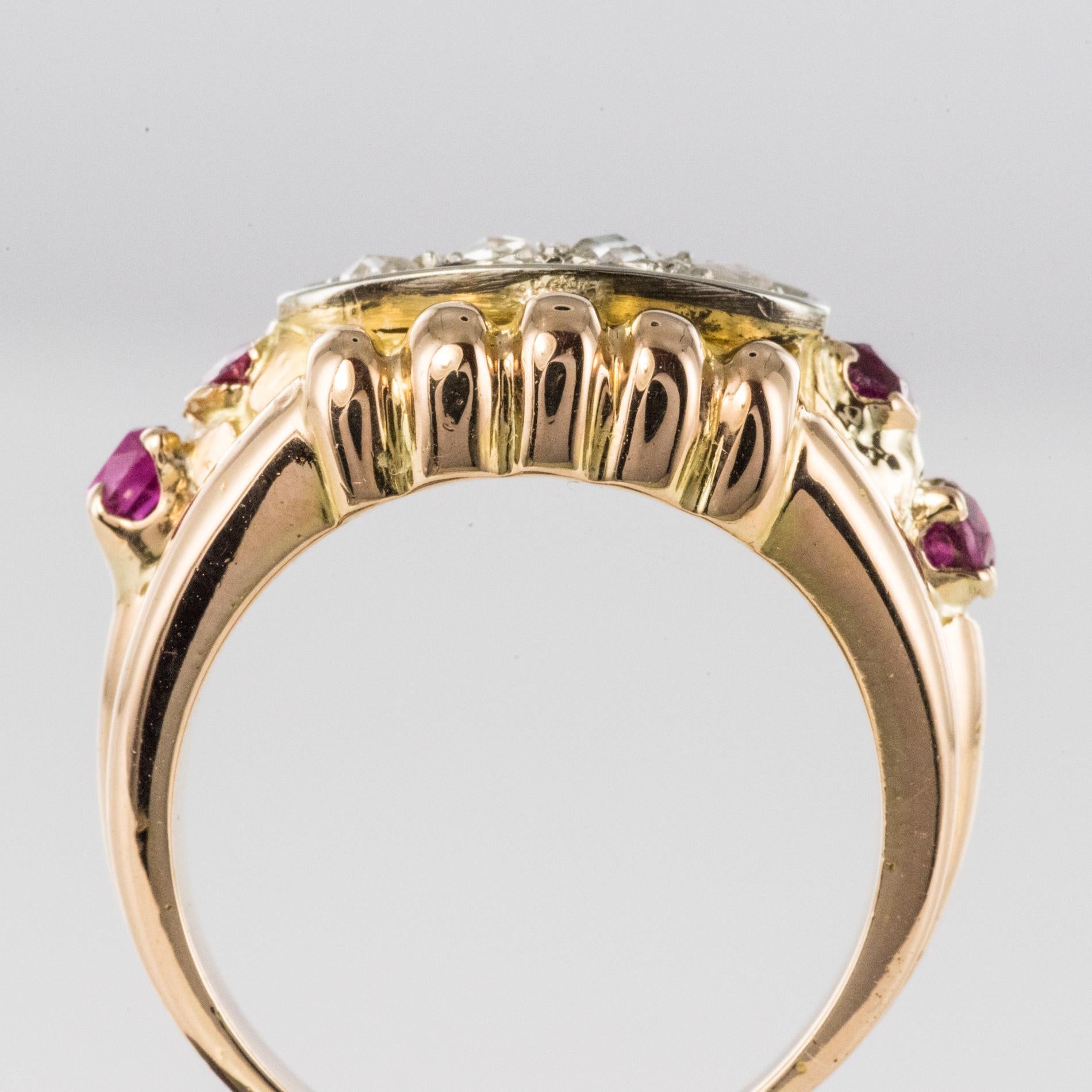 French 1950s Ruby Diamonds 18 Karat Gold Gadroon Tank Ring 5