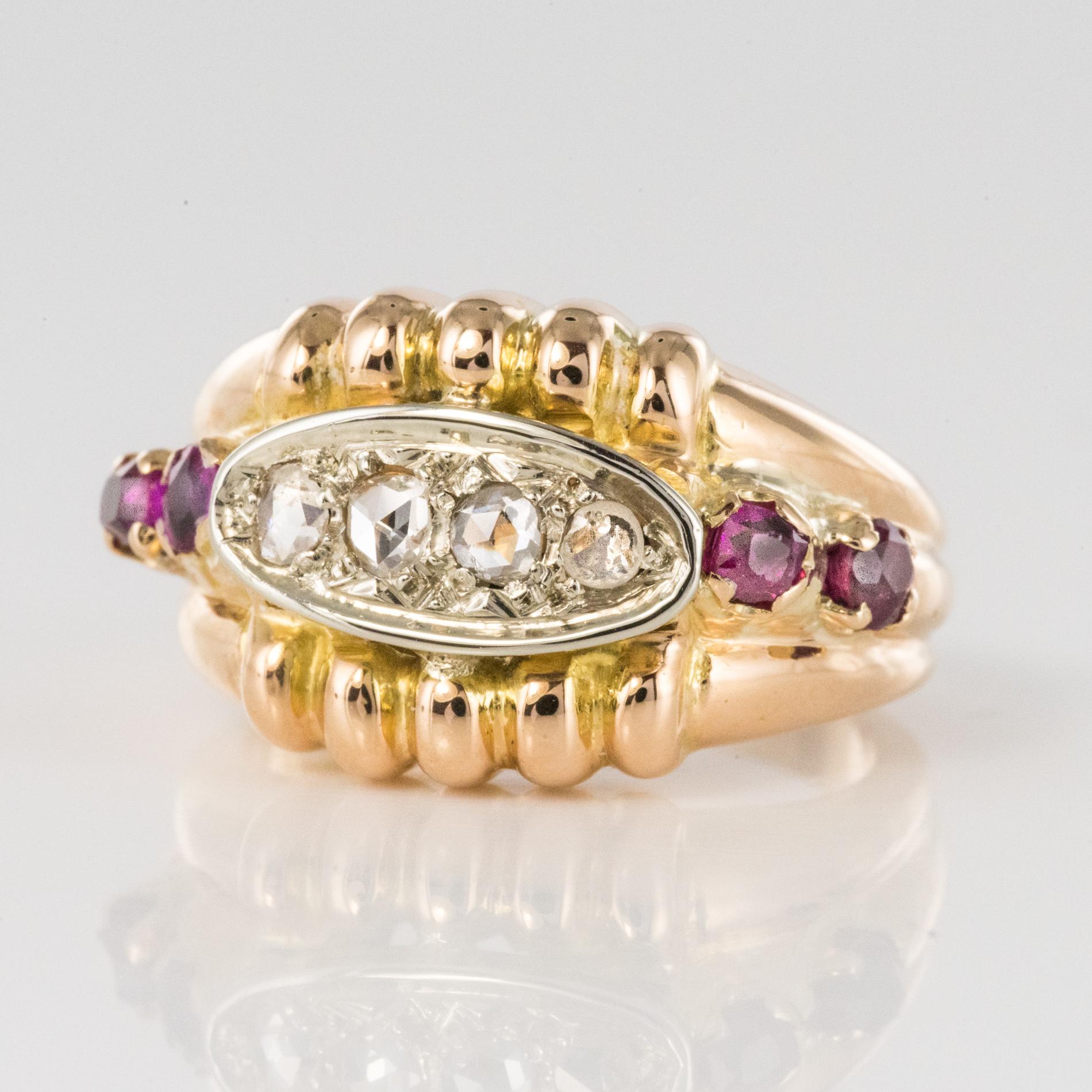 Retro French 1950s Ruby Diamonds 18 Karat Gold Gadroon Tank Ring