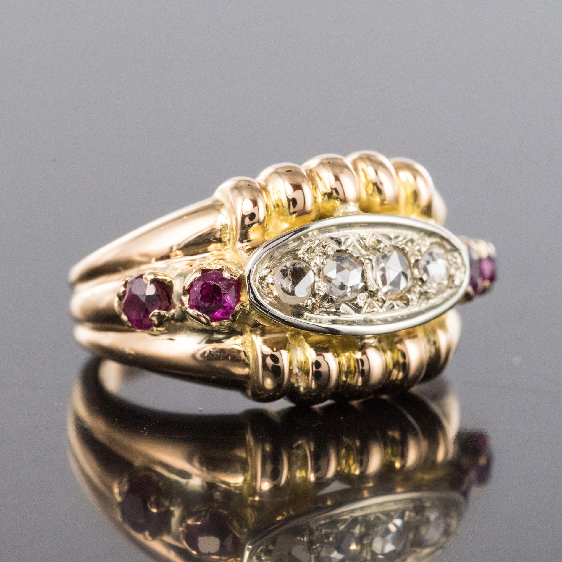 French 1950s Ruby Diamonds 18 Karat Gold Gadroon Tank Ring In Good Condition In Poitiers, FR