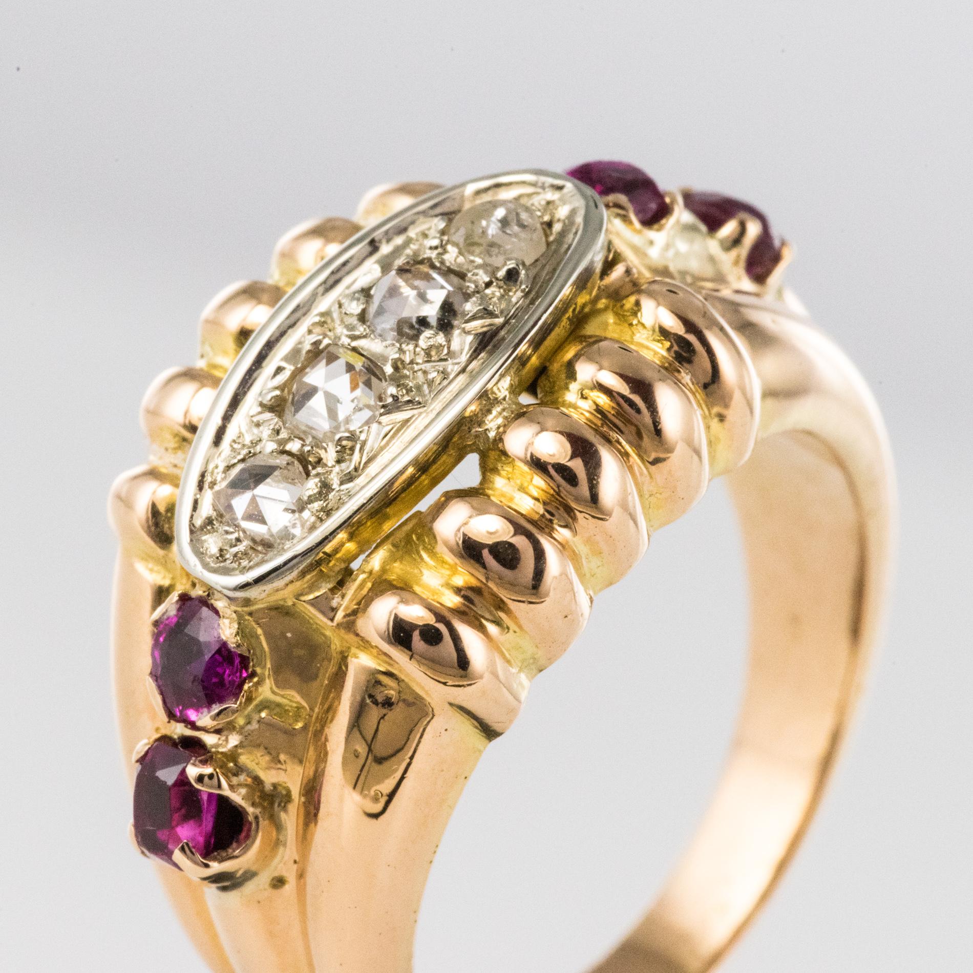 French 1950s Ruby Diamonds 18 Karat Gold Gadroon Tank Ring 1