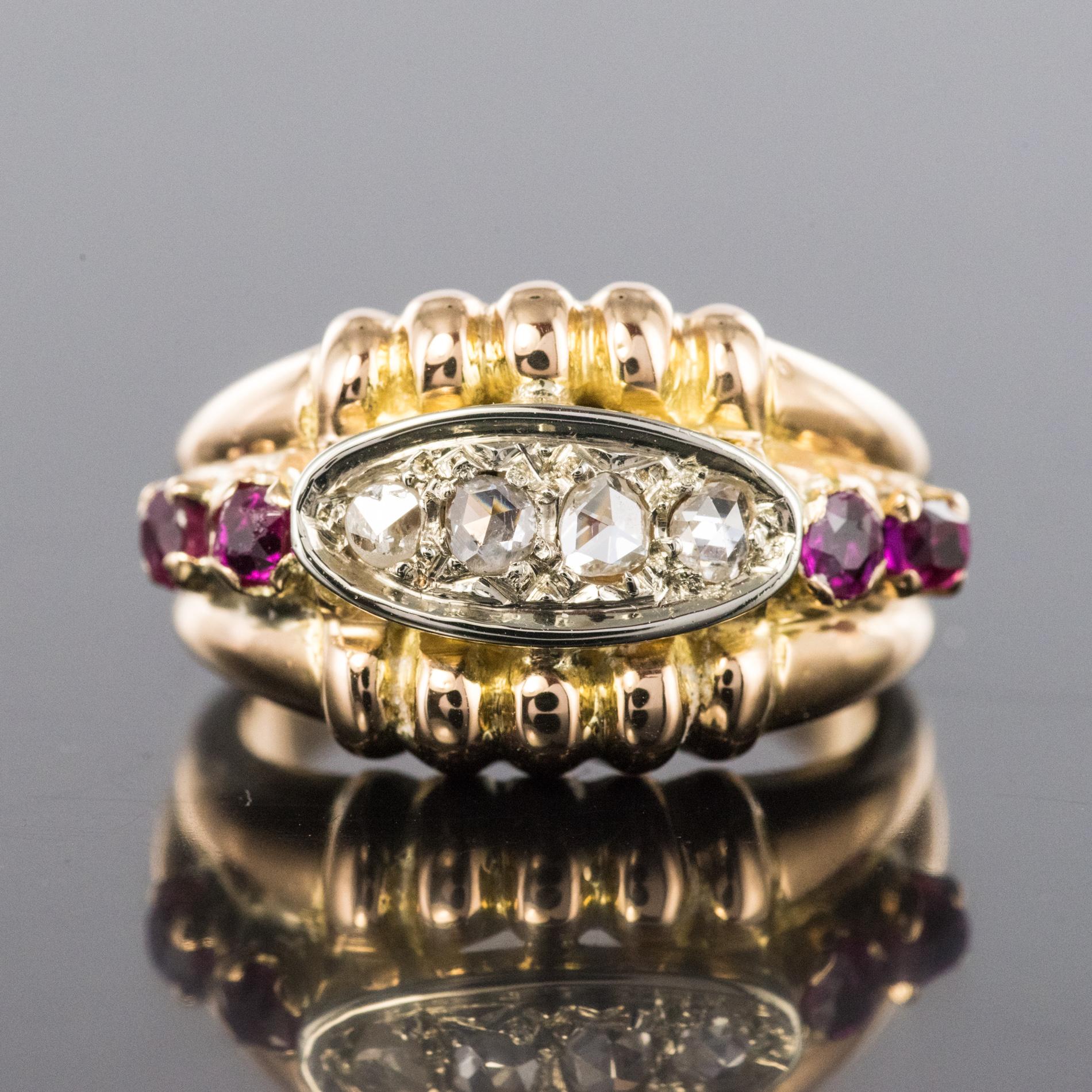 French 1950s Ruby Diamonds 18 Karat Gold Gadroon Tank Ring 3