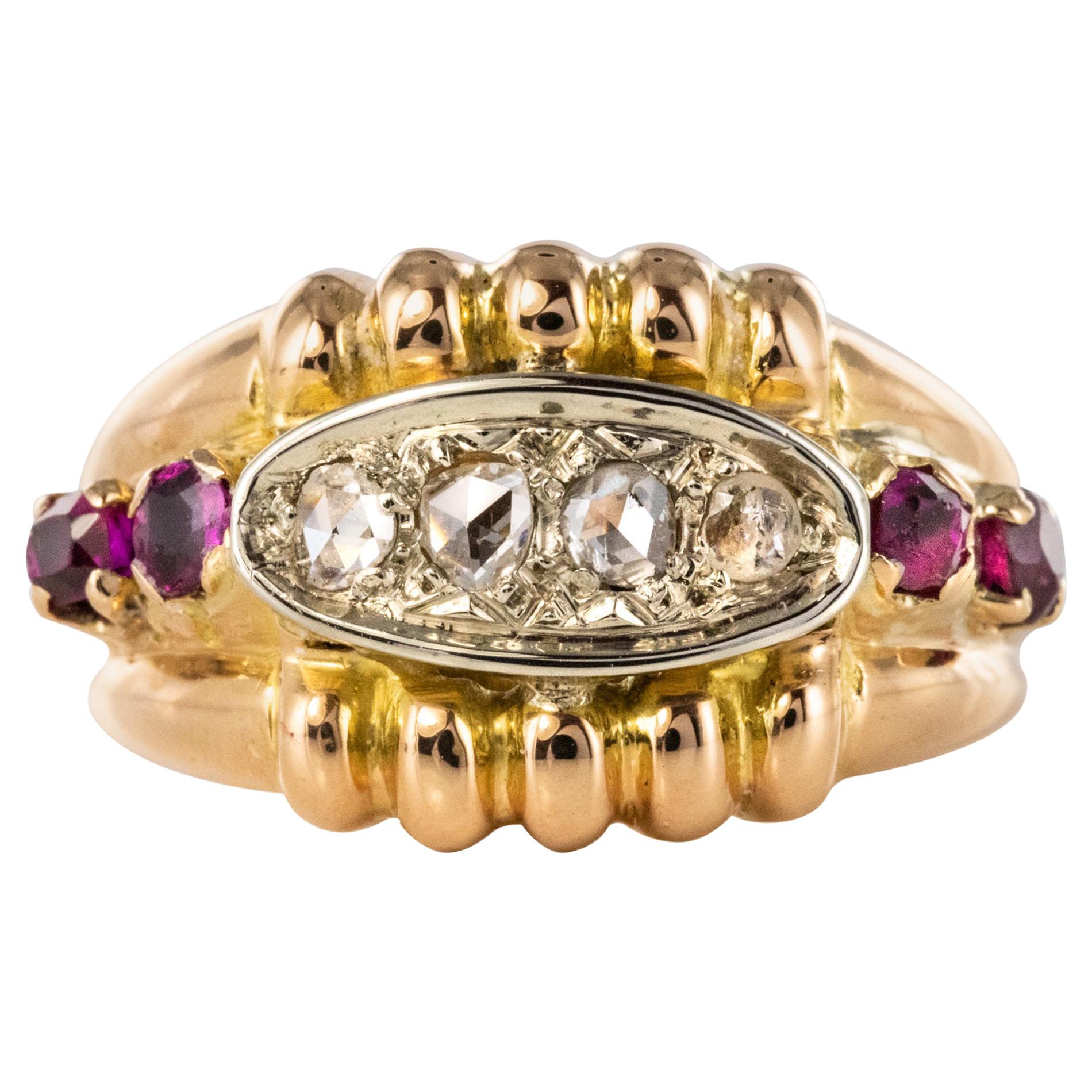 French 1950s Ruby Diamonds 18 Karat Gold Gadroon Tank Ring