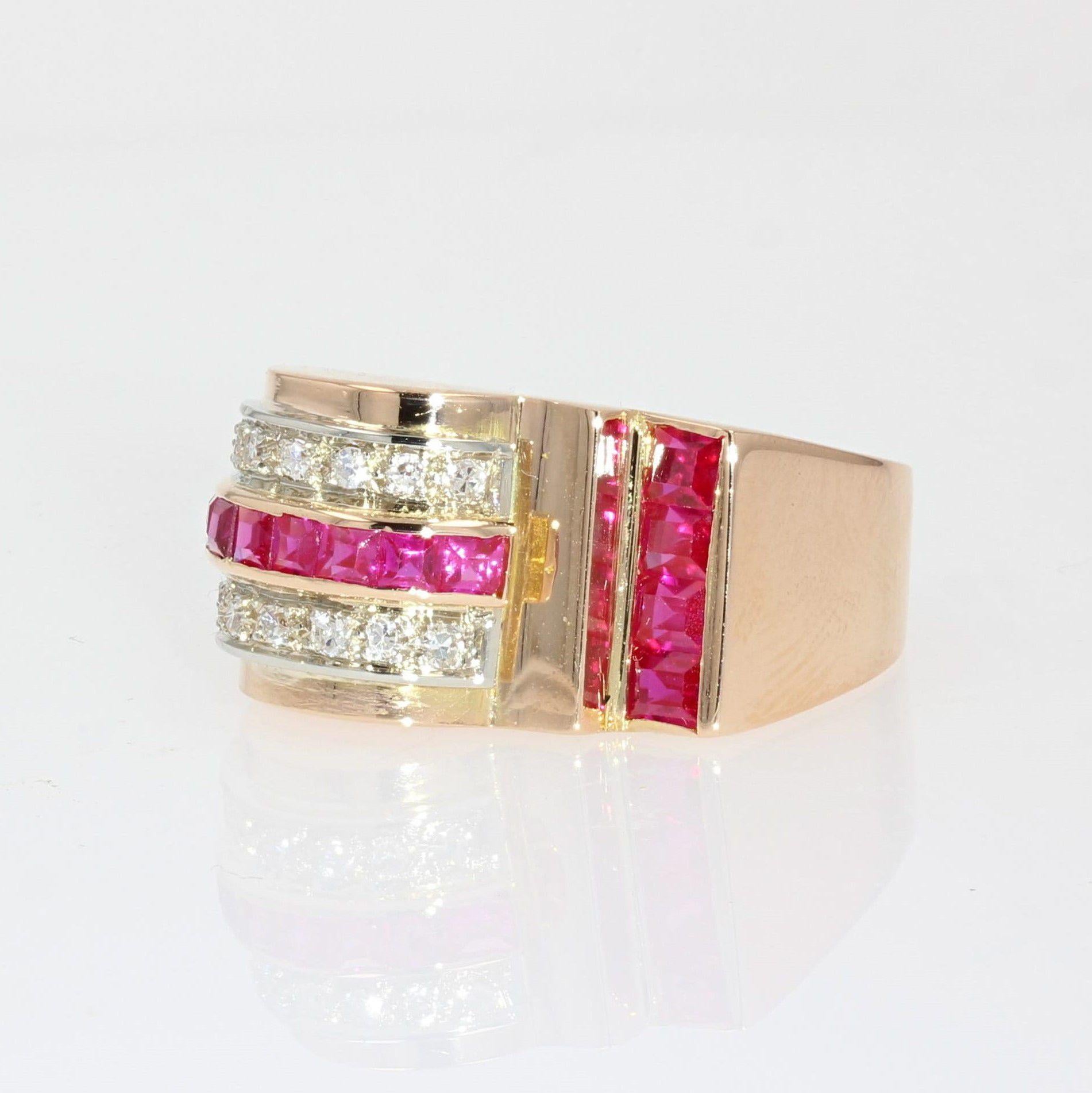 French 1950s Ruby Diamonds 18 Karat Rose Gold Asymmetrical Tank Ring For Sale 1