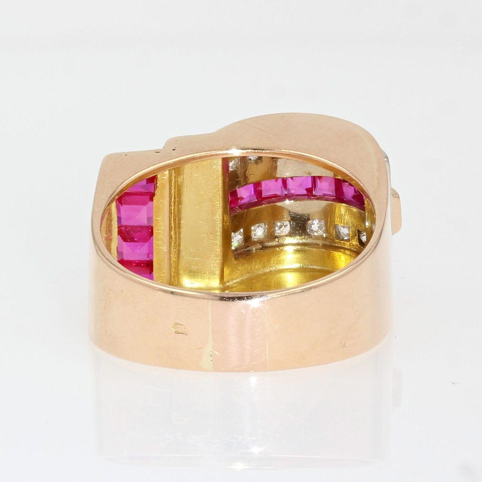 French 1950s Ruby Diamonds 18 Karat Rose Gold Asymmetrical Tank Ring For Sale 8