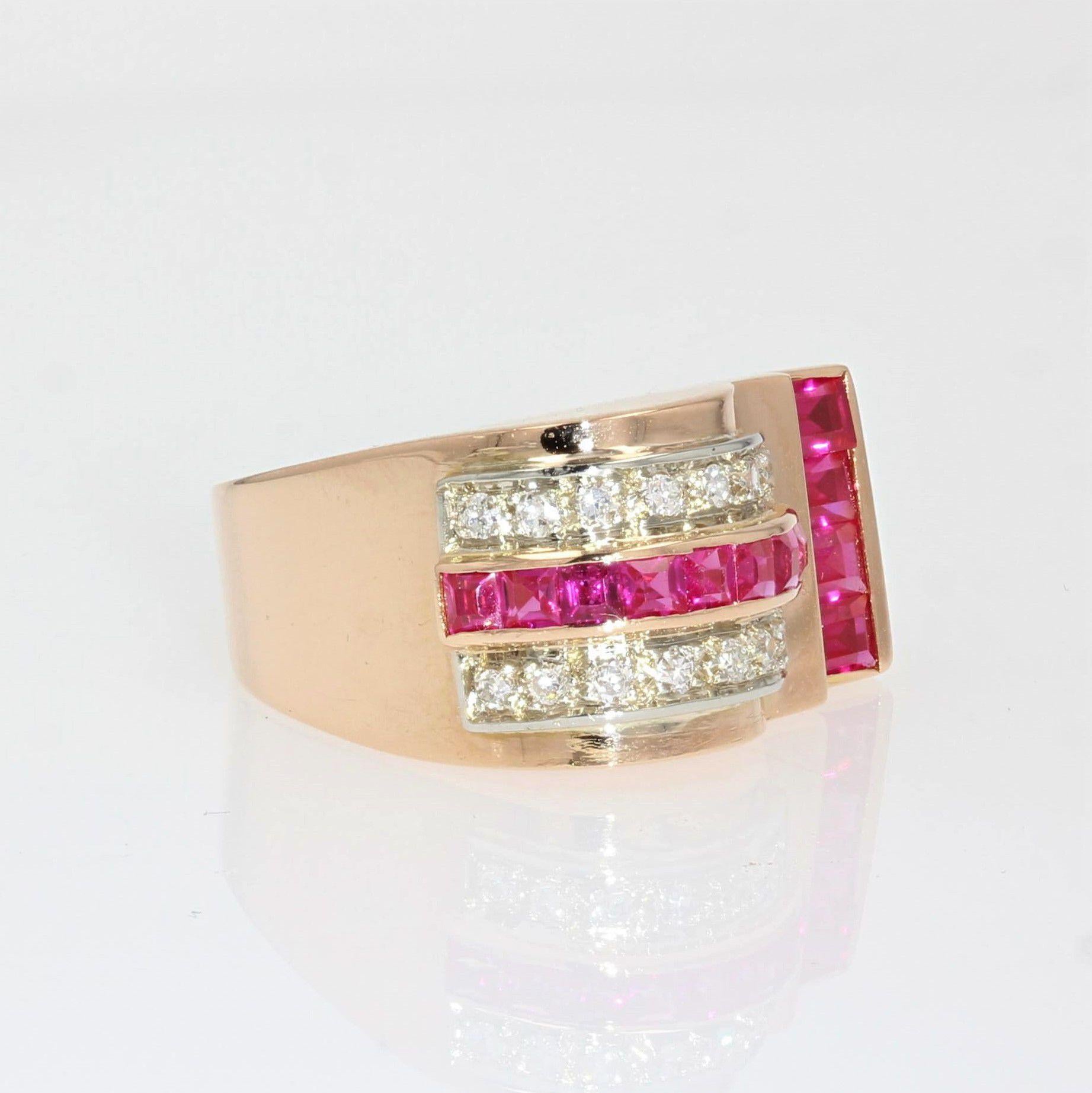 French 1950s Ruby Diamonds 18 Karat Rose Gold Asymmetrical Tank Ring For Sale 3