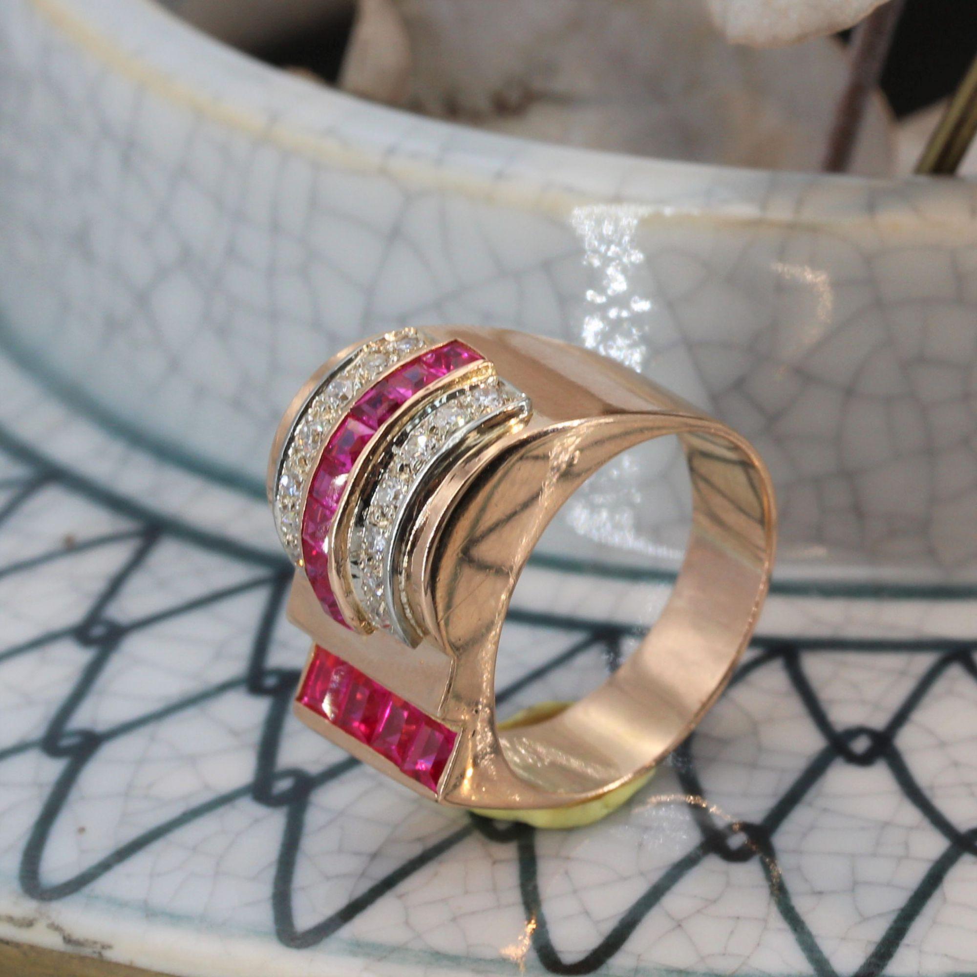 French 1950s Ruby Diamonds 18 Karat Rose Gold Asymmetrical Tank Ring For Sale 9